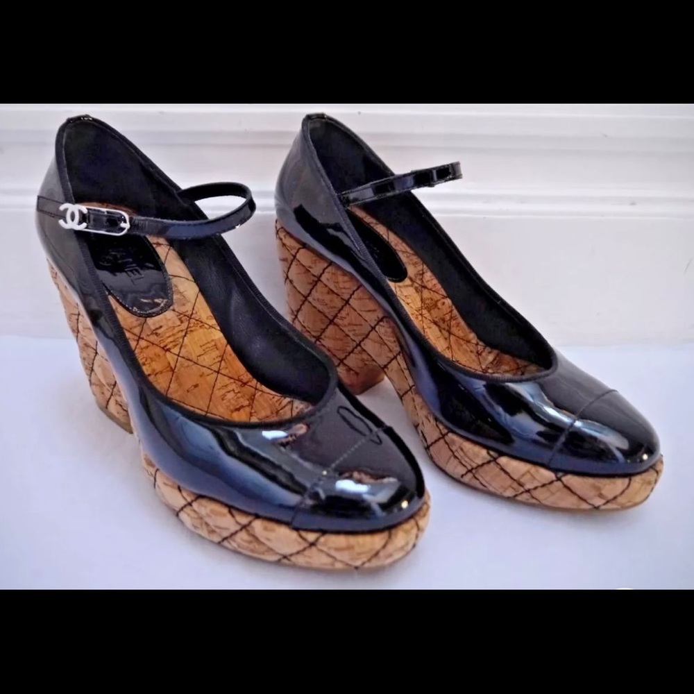 Chanel black patent cork wedges SZ 39.5